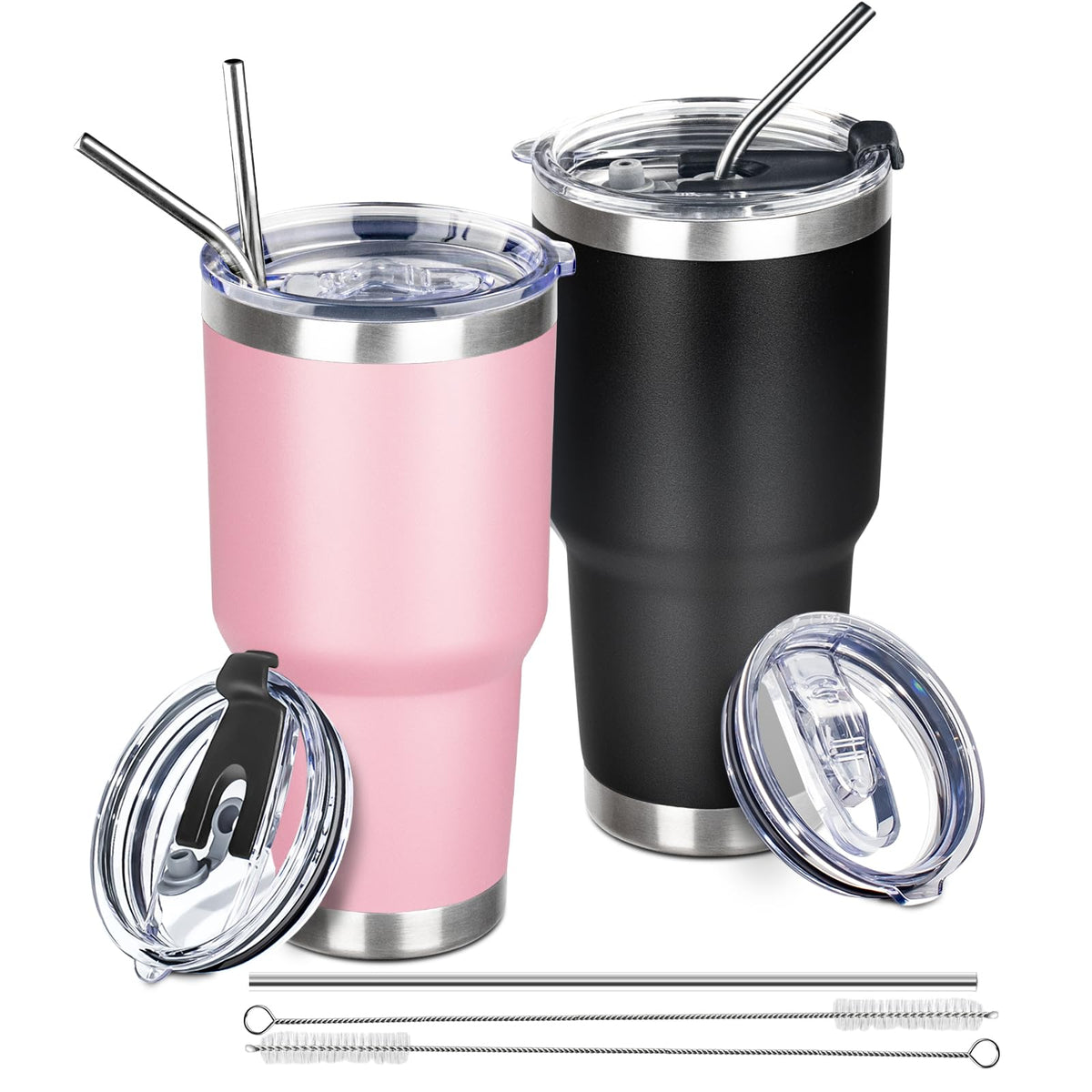 30 oz Tumbler with Lids and Straws Double Wall Insulated Tumbler Cup,Stainless Steel Leak-proof Thermal Coffee Tumbler Powder Coated Travel Mug for Cold and Hot Beverages,Silver