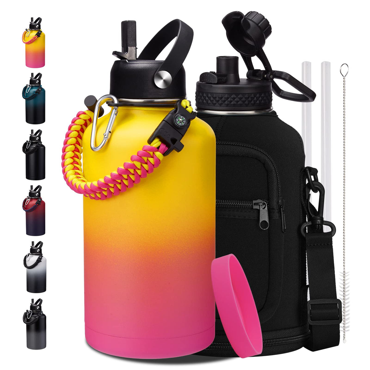 32/40/64OZ Insulated Water Bottle - Keep Cold 48H Hot 24H, Combo Straw/Spout Lids, Paracord Handle for Gym/Hiking, Carrier Bag +Strap, Cup Mat, BPA-Free Stainless Steel Flask Jug