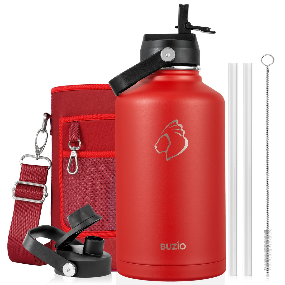 BUZIO 64 oz Insulated Stainless Steel Water Bottle with Dust-proof Lids