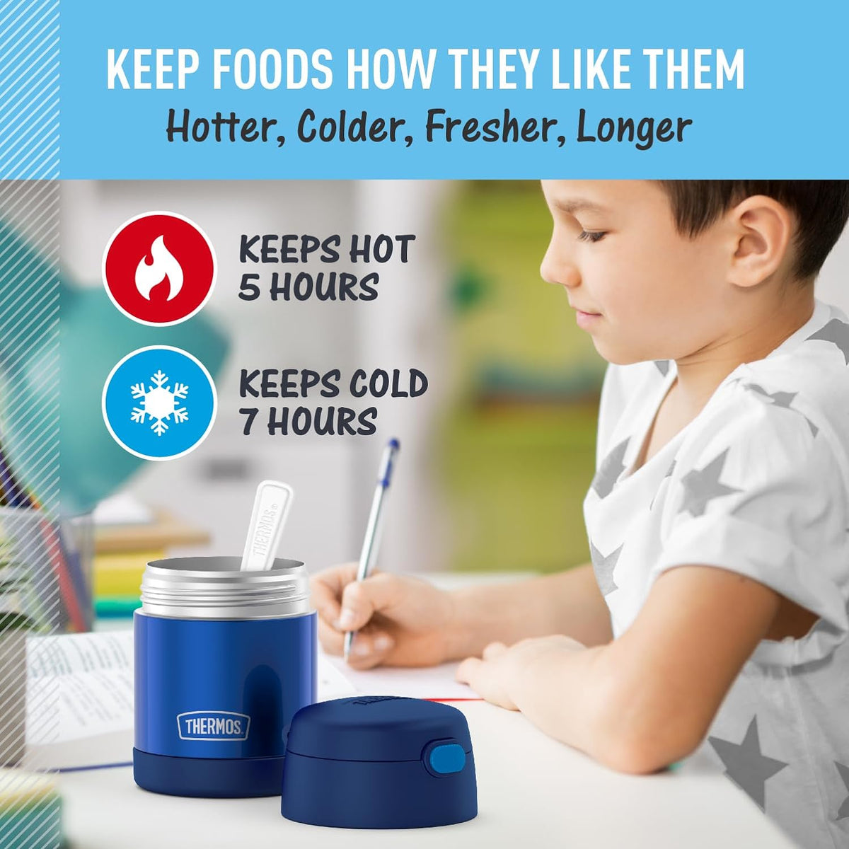 THERMOS FUNTAINER Kids Food Jar with Spoon, 10oz, Navy