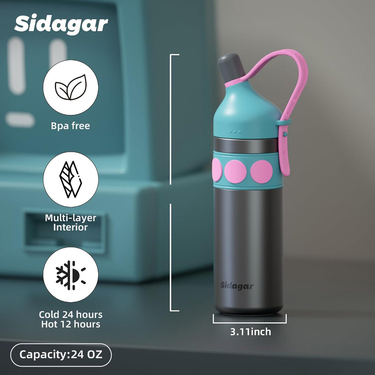 24 oz Sports Tumbler, Stainless Steel Vacuum Water Bottle Insulated Iced Travel Coffee Cup Double Wall Flask (Dark Grey)