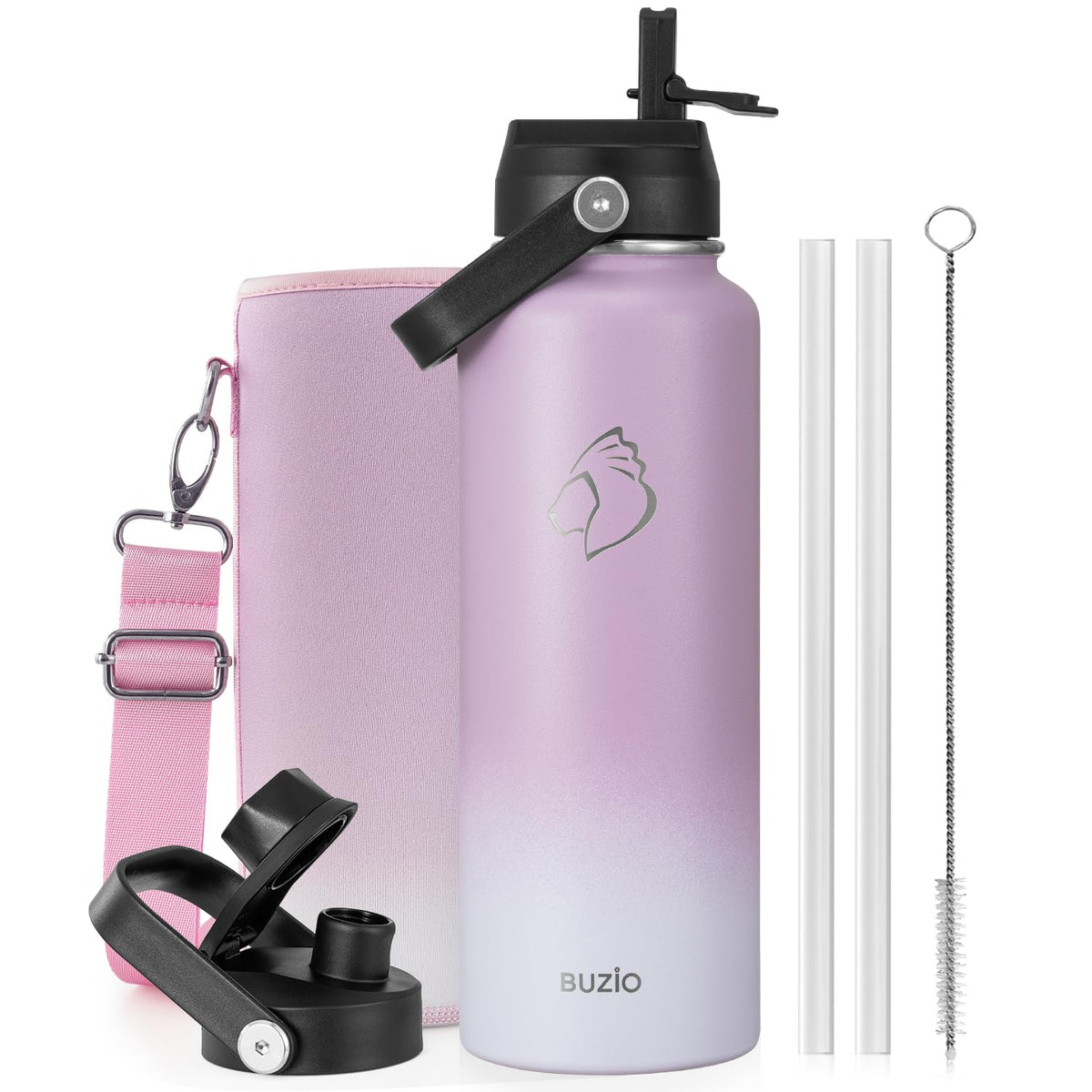BUZIO 64 oz Insulated Stainless Steel Water Bottle with Dust-proof Lids