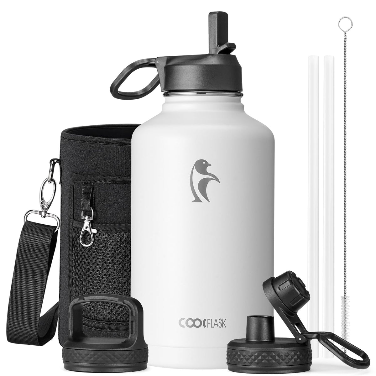 Coolflask Half Gallon Water Bottle Insulated with Straw & 3 Leakproof Lids