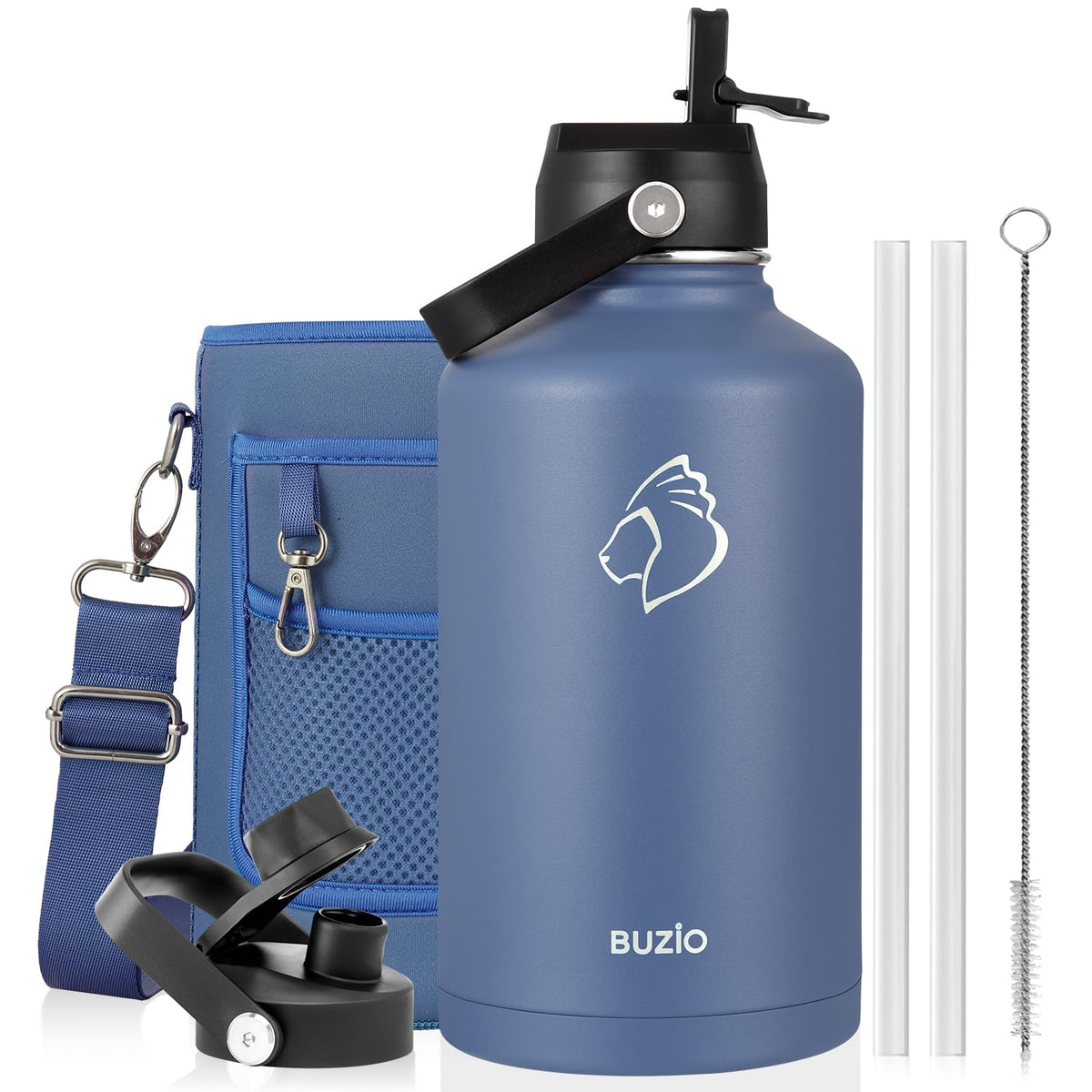 BUZIO 64 oz Insulated Stainless Steel Water Bottle with Dust-proof Lids