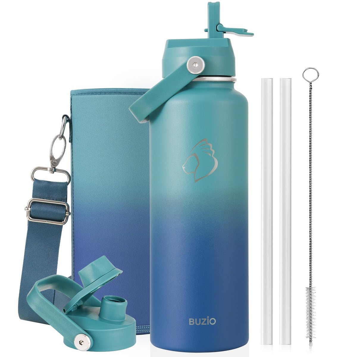 BUZIO 64 oz Insulated Stainless Steel Water Bottle with Dust-proof Lids
