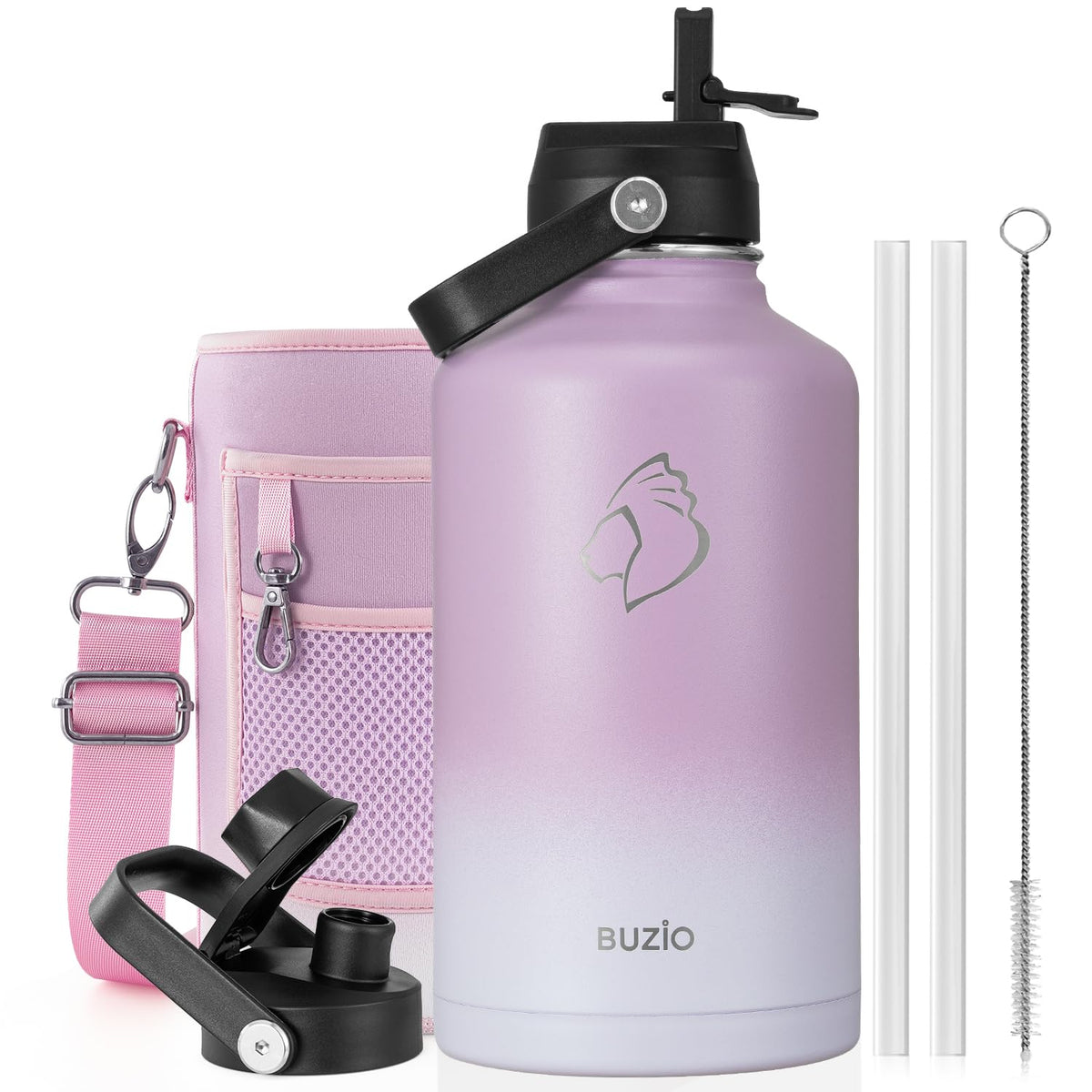 BUZIO 64 oz Insulated Stainless Steel Water Bottle with Dust-proof Lids