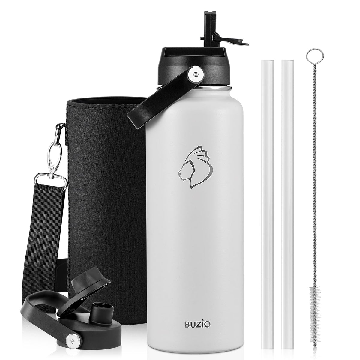 BUZIO 64 oz Insulated Stainless Steel Water Bottle with Dust-proof Lids