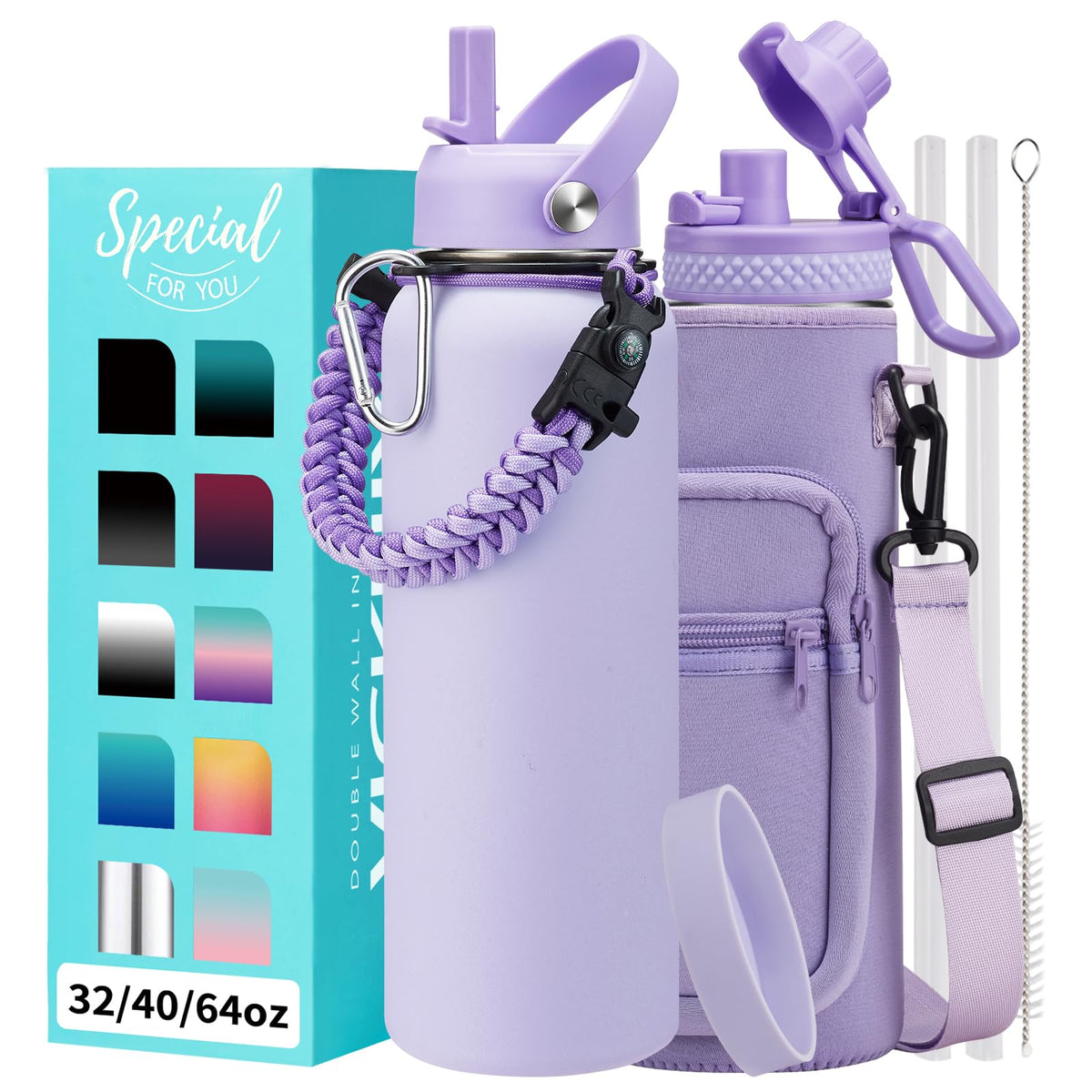32/40/64OZ Insulated Water Bottle - Keep Cold 48H Hot 24H, Combo Straw/Spout Lids, Paracord Handle for Gym/Hiking, Carrier Bag +Strap, Cup Mat, BPA-Free Stainless Steel Flask Jug