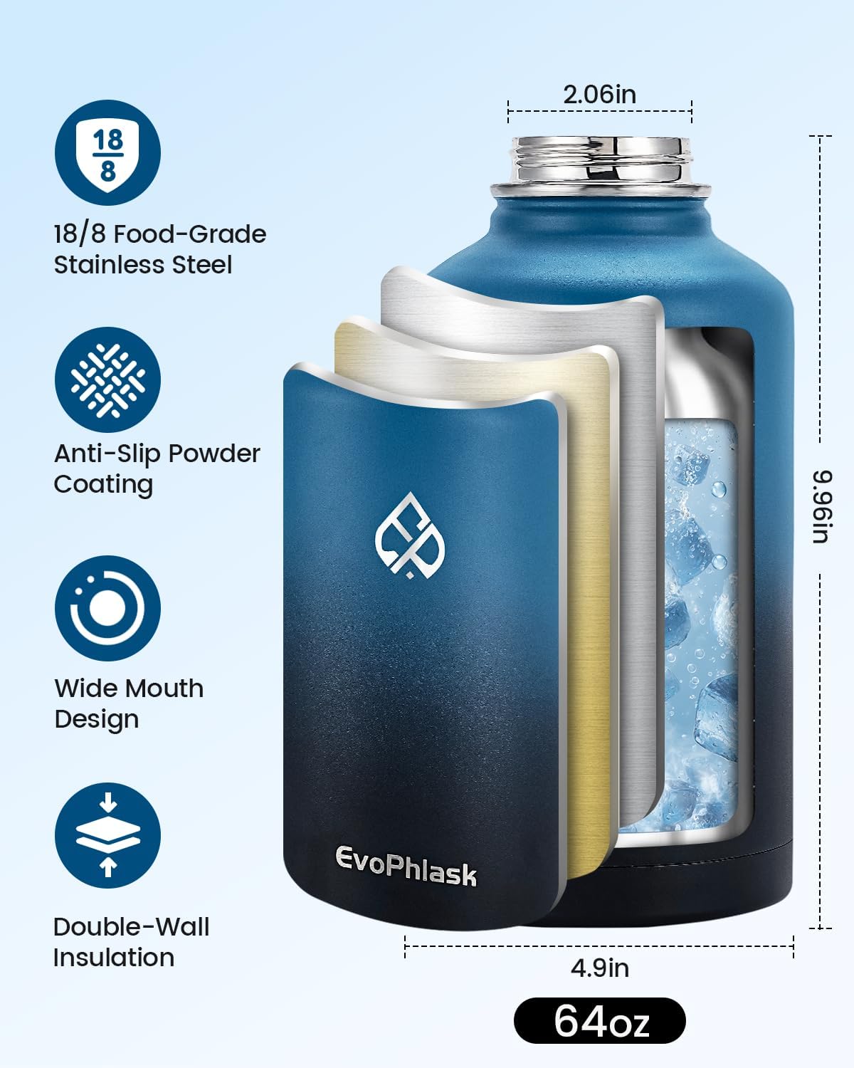 64 oz Insulated Water Bottle with Carrier Bag, Indigo Black