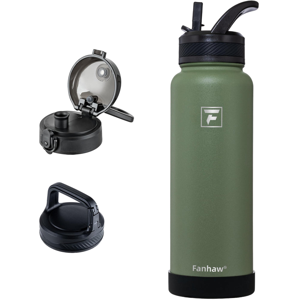 Fanhaw 32 oz Insulated Water Bottle – Portable Stainless Steel Flask with 3 Lids (Straw, Chug, Carabiner) | Leakproof, for Gym, Hiking, Work, Travel & Everyday Use (Black)