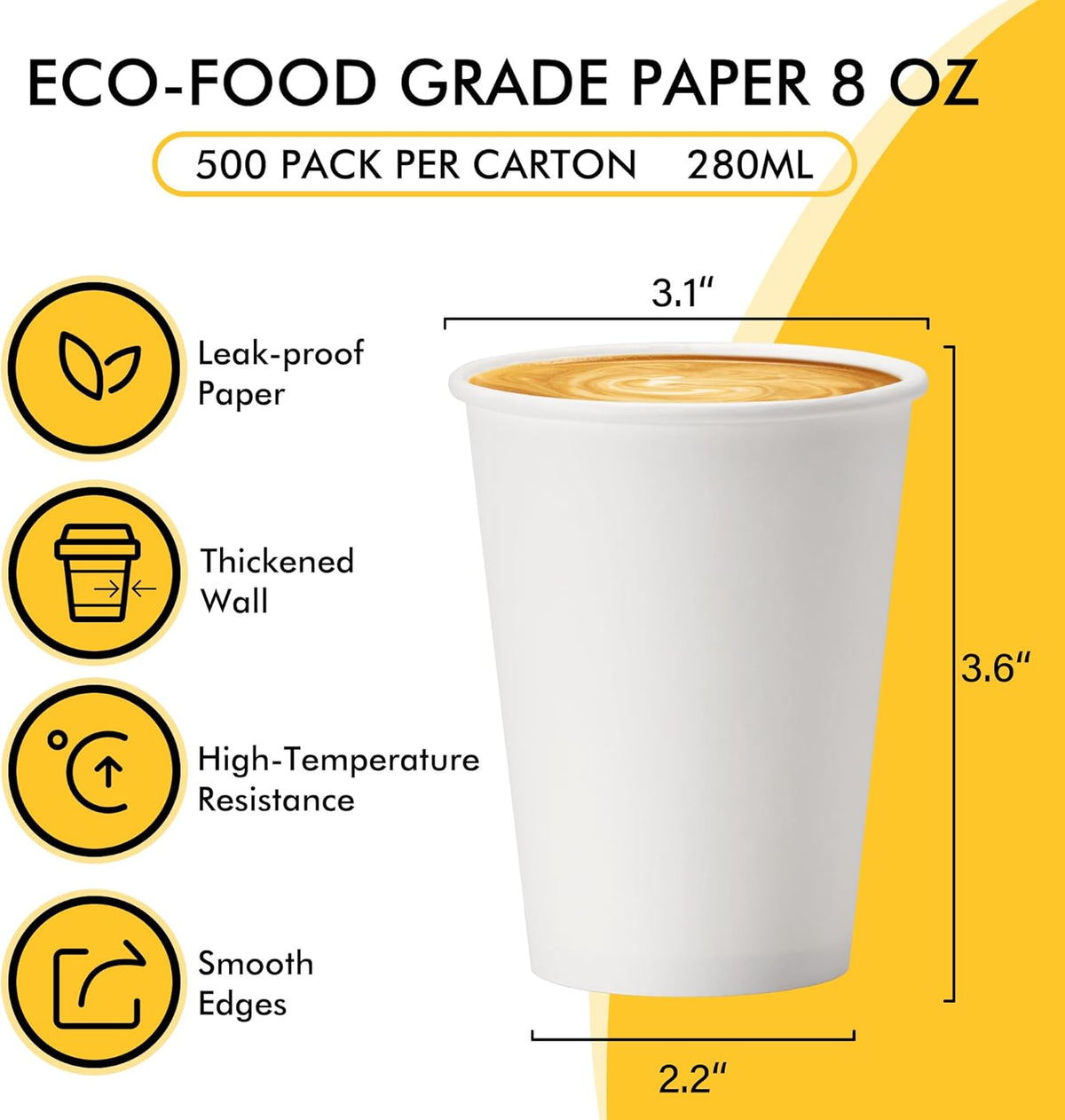 RACETOP 8 oz Disposable Coffee Cups 500 pack, Hot Coffee Cups
