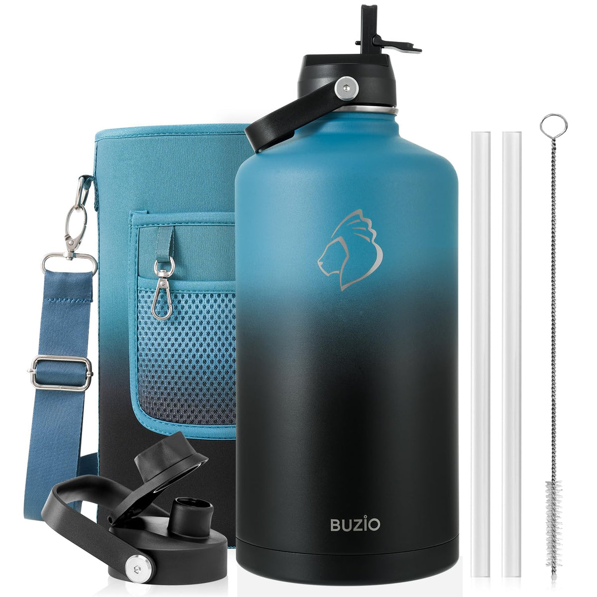 BUZIO 64 oz Insulated Stainless Steel Water Bottle with Dust-proof Lids
