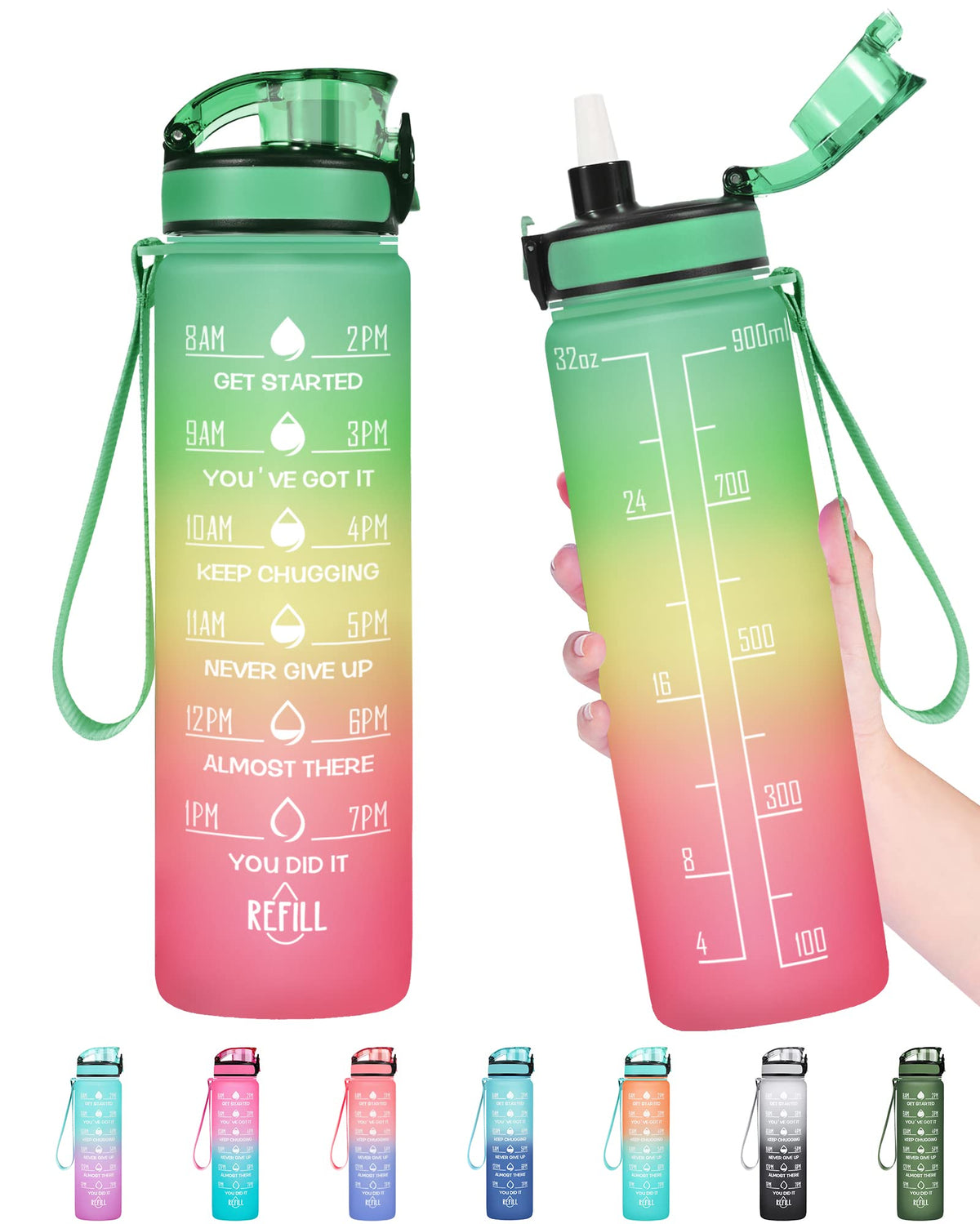 Enerbone Water Bottle, Leakproof BPA & Toxic Free, Motivational Water Bottle with Times to Drink and Straw, Fitness Sports Water Bottle with Strap for Office, Gym, Outdoor Sports