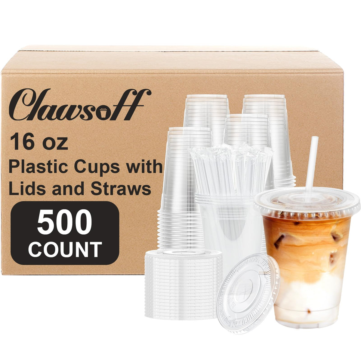 Clawsoff 100 Pack 16 oz Disposable Clear Plastic Cups with Lids and Straws
