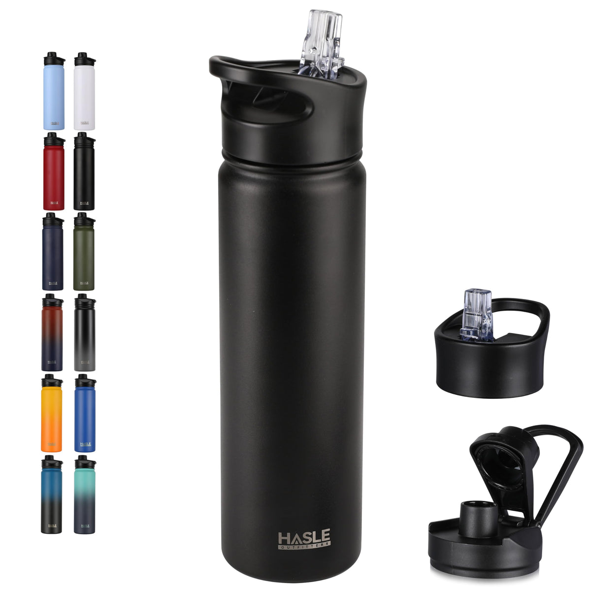 HASLE OUTFITTERS 32 oz Insulated Water Bottle Stainless Steel Double Walled Vacuum Sports Water Bottle with 2 Lids (Straw and Spout Lid) for Gym Camping Hiking(Black,1)