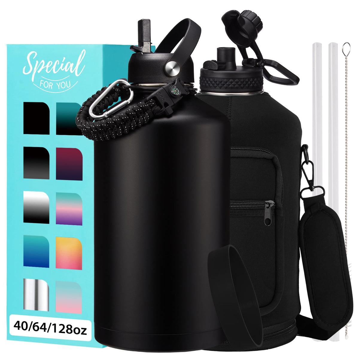 32/40/64OZ Insulated Water Bottle - Keep Cold 48H Hot 24H, Combo Straw/Spout Lids, Paracord Handle for Gym/Hiking, Carrier Bag +Strap, Cup Mat, BPA-Free Stainless Steel Flask Jug