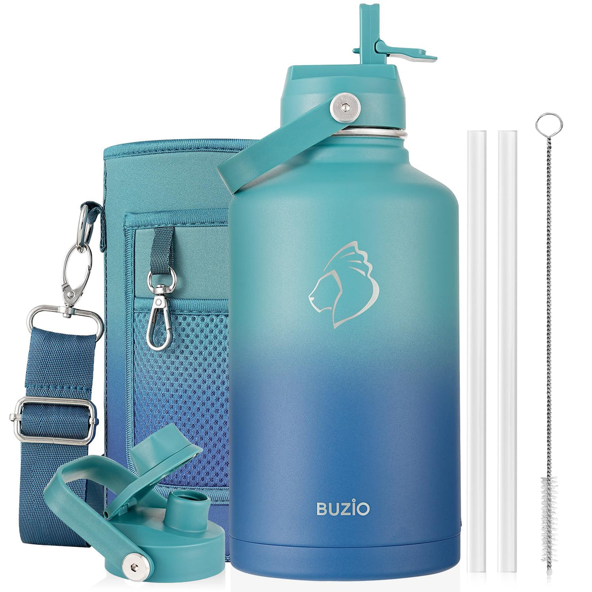 BUZIO 64 oz Insulated Stainless Steel Water Bottle with Dust-proof Lids