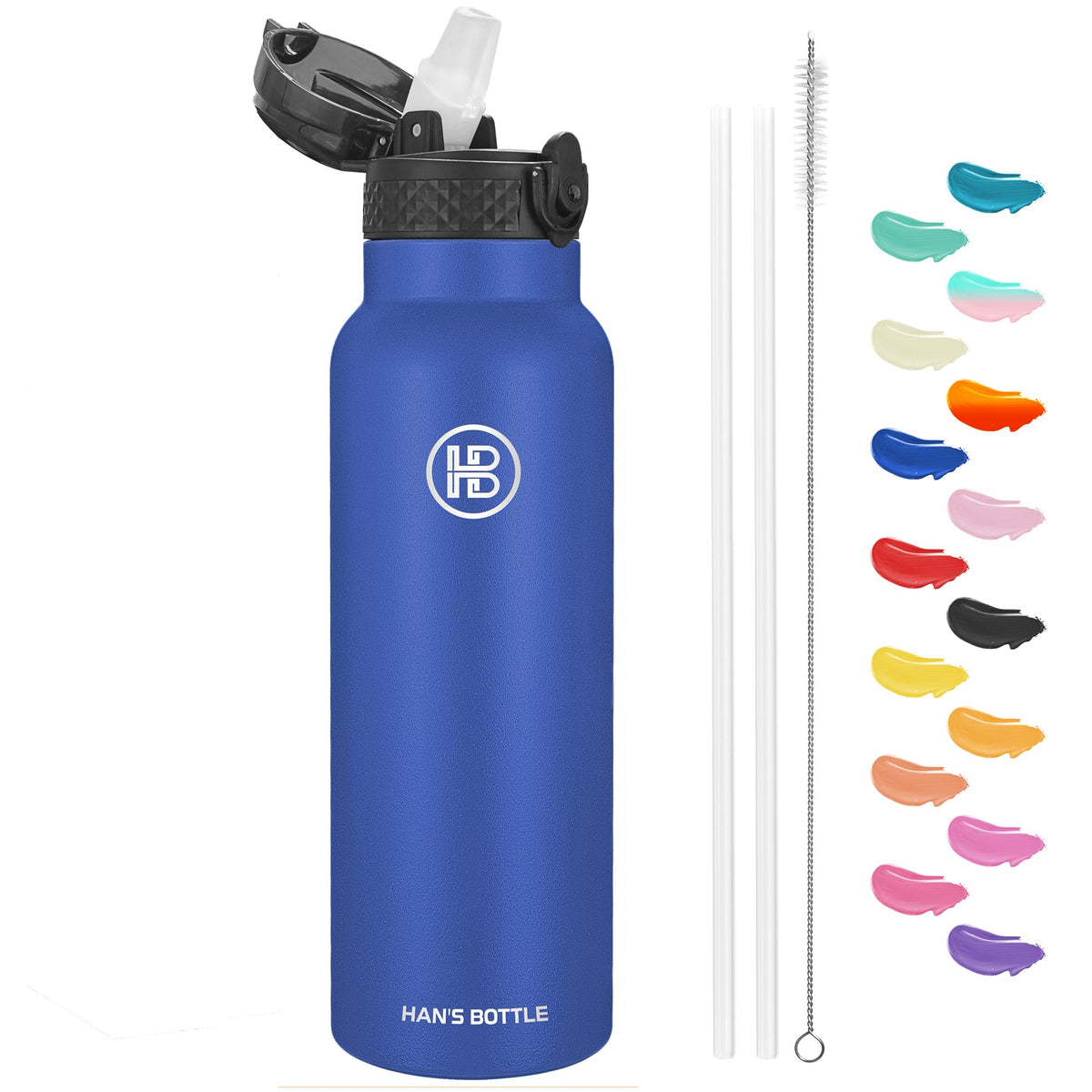 Han's Bottle Sports Water Bottle - 24 Oz, Straw Lid, Leak Proof, Vacuum Insulated Stainless Steel, Double Walled, Thermo Mug,Black