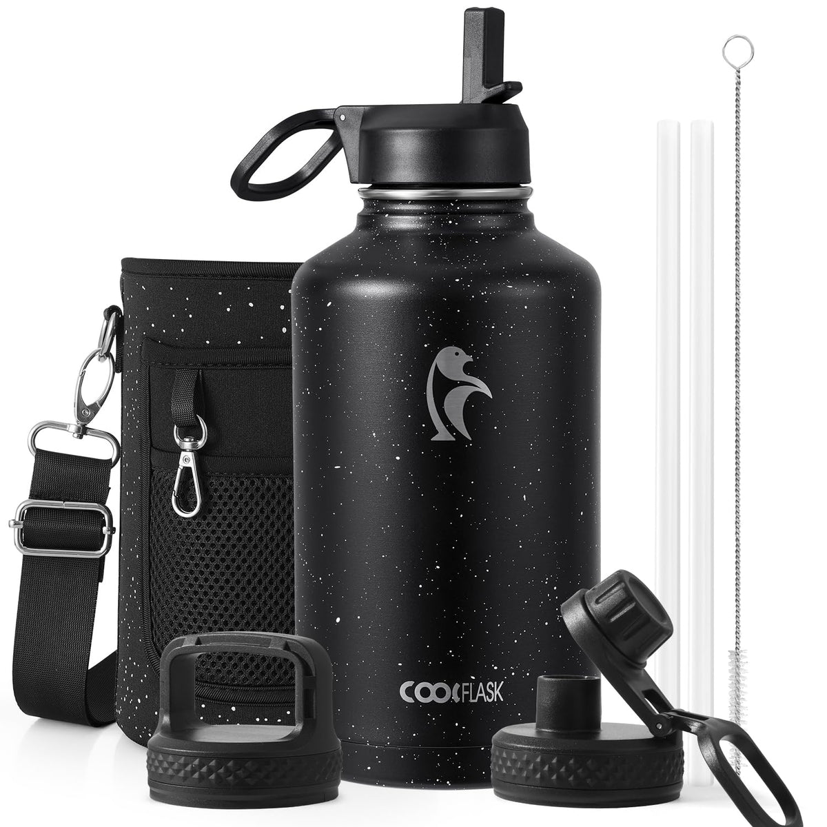 Coolflask Half Gallon Water Bottle Insulated with Straw & 3 Leakproof Lids