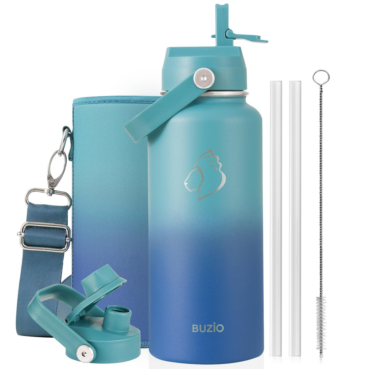 BUZIO 64 oz Insulated Stainless Steel Water Bottle with Dust-proof Lids