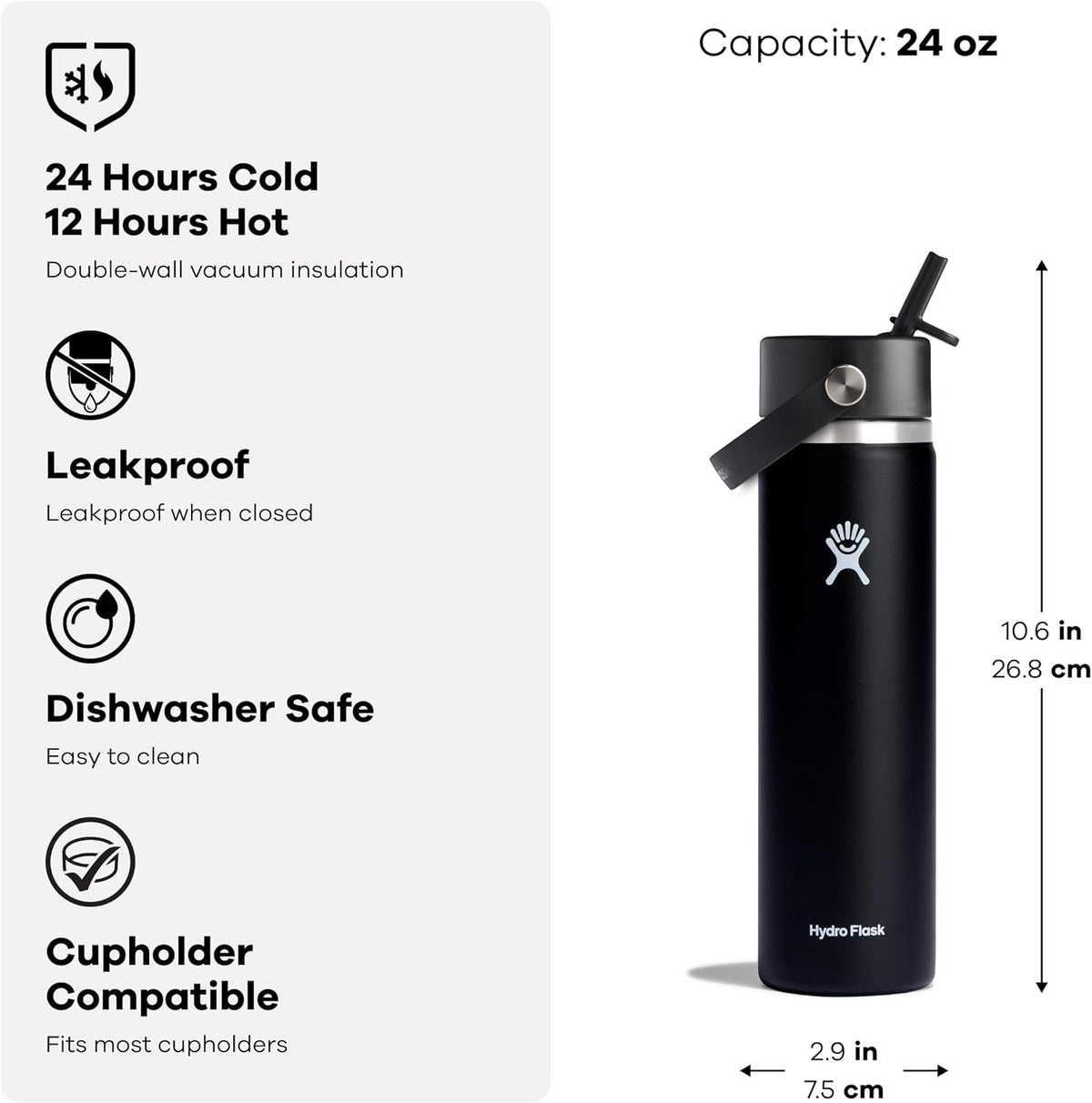 Hydro Flask Water Bottle - Insulated Stainless Steel - Wide Mouth Flex Straw Lid, Non Spill, Leakproof and Refillable in 24 Oz Tonal Oat