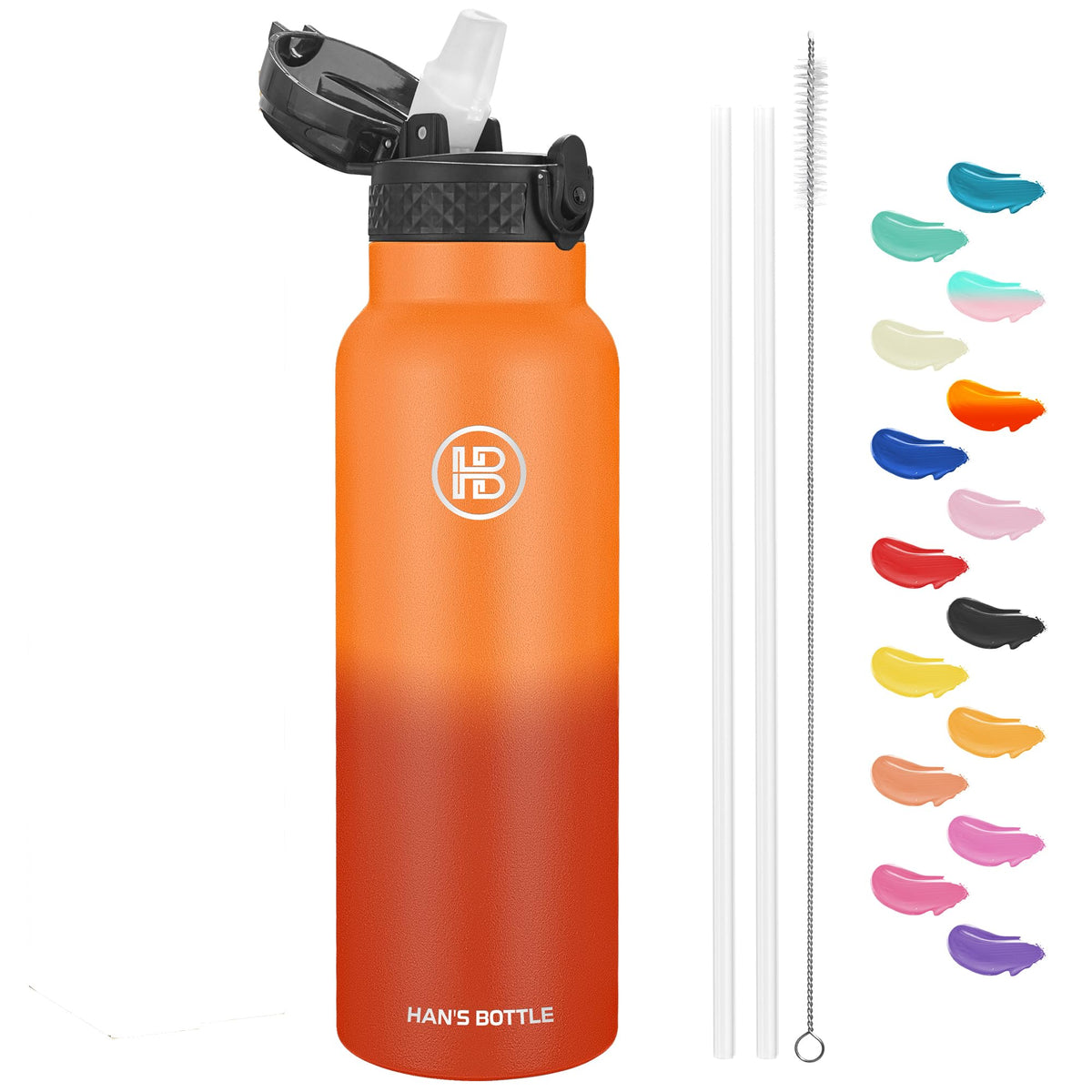 Han's Bottle Sports Water Bottle - 24 Oz, Straw Lid, Leak Proof, Vacuum Insulated Stainless Steel, Double Walled, Thermo Mug,Black