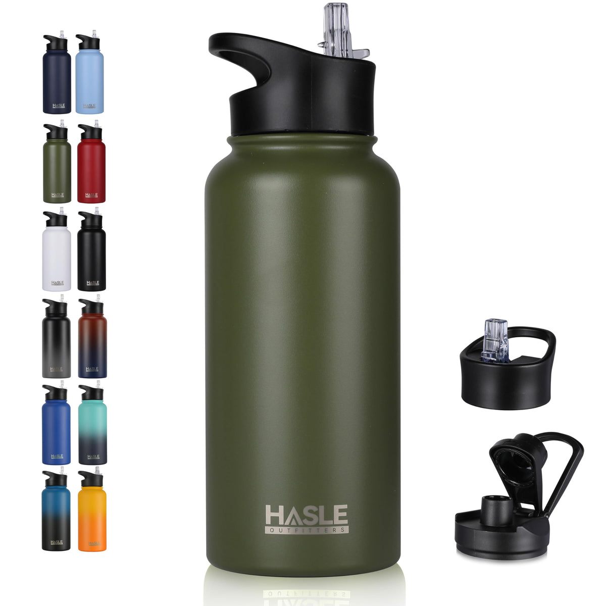 HASLE OUTFITTERS 32 oz Insulated Water Bottle Stainless Steel Double Walled Vacuum Sports Water Bottle with 2 Lids (Straw and Spout Lid) for Gym Camping Hiking(Black,1)