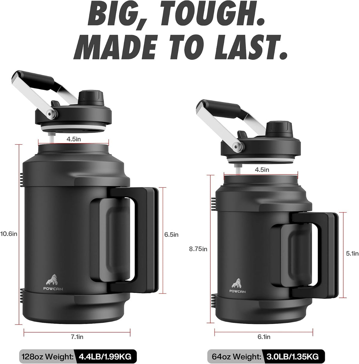 64 oz Insulated Water Bottle for Gym: 2-in-1 Straw Spout Lid, Dual Handle, Leakproof, Keep Cold 48H, Half Gallon Stainless Steel Water Jug for Travel, Hiking, Cycling, Park, Workout, Picnic (Midnight)