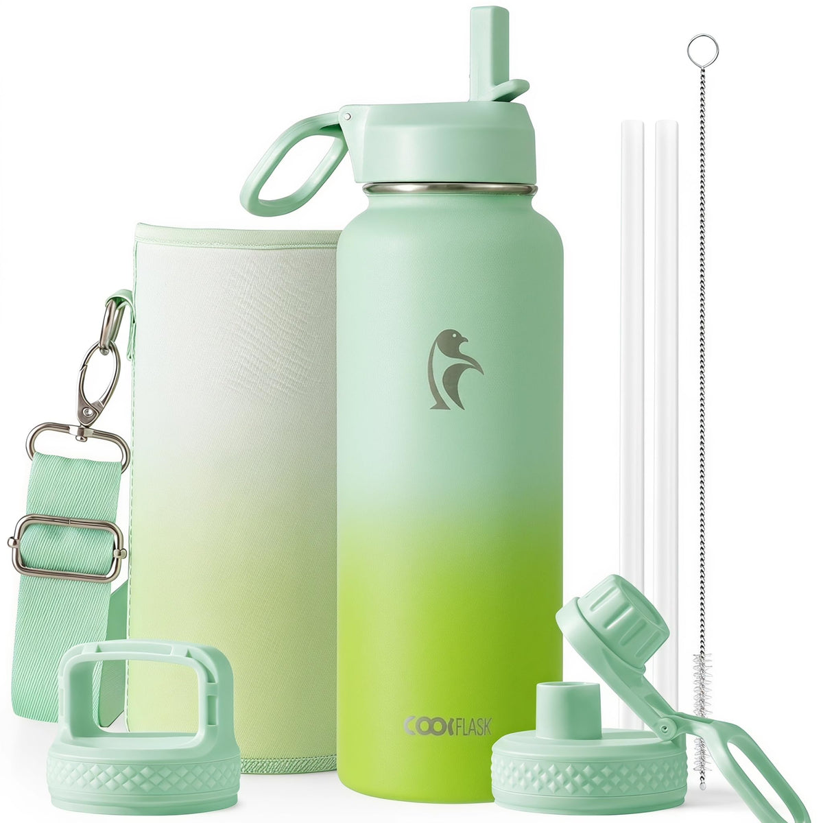 Coolflask Half Gallon Water Bottle Insulated with Straw & 3 Leakproof Lids