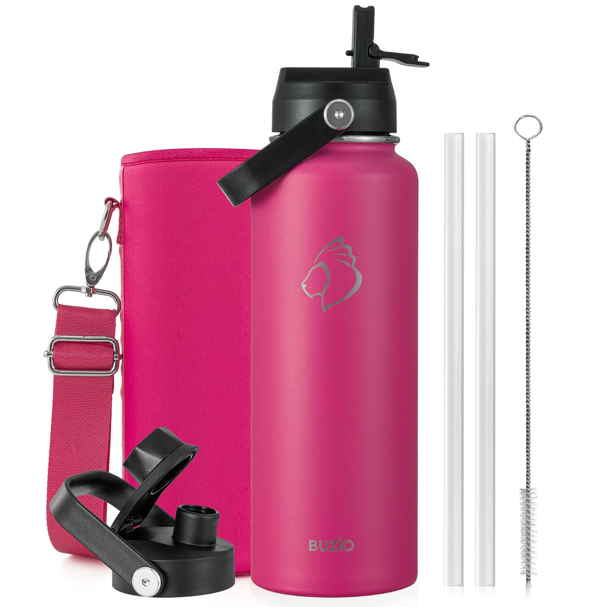 BUZIO 64 oz Insulated Stainless Steel Water Bottle with Dust-proof Lids