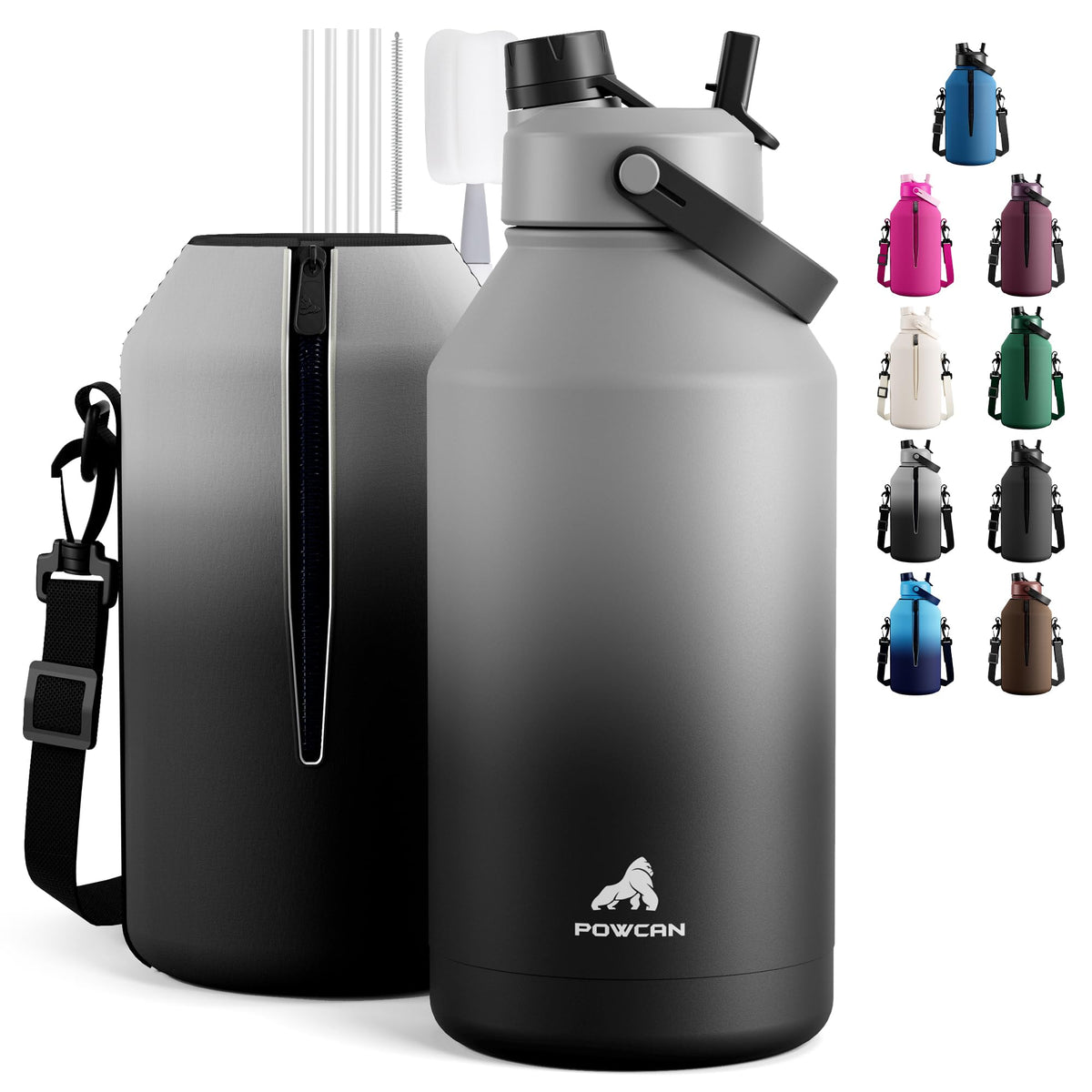 POWCAN 64 oz Insulated Water Bottle for Sports: 2-in-1 Straw & Spout Lid, Leakproof, Carrier Bag, Shoulder Strap, Keep Cold 48H, BPA-Free, Half Gallon Metal Water Jug for Gym, Travel, Gift (Midnight)