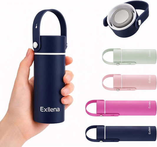 Exllena 【Upgraded】 Mini Insulated Water Bottle 6.8oz/200ml with Adjustable Silicone Handle– Small Flask for Hot & Cold Drinks, Leakproof, Ideal for Purse, Lunchbox...(Midnight Sapphire)