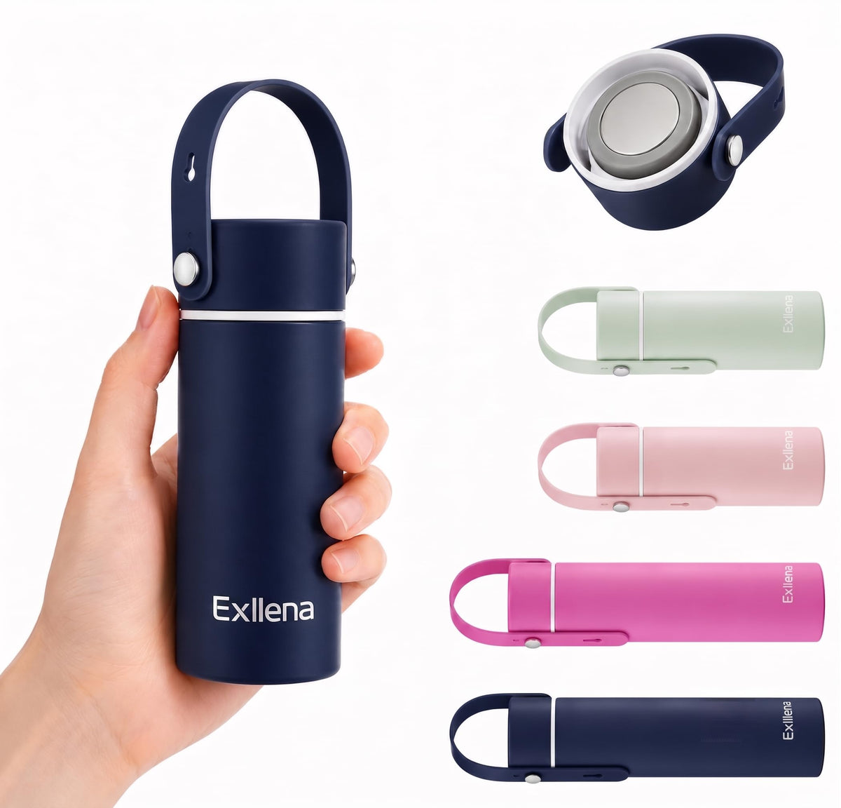 Exllena 【Upgraded】 Mini Insulated Water Bottle 6.8oz/200ml with Adjustable Silicone Handle– Small Flask for Hot & Cold Drinks, Leakproof, Ideal for Purse, Lunchbox...(Midnight Sapphire)