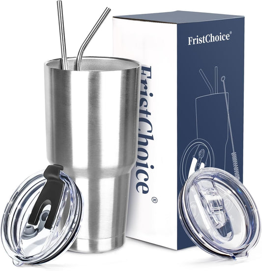 30 oz Tumbler with Lids and Straws Double Wall Insulated Tumbler Cup,Stainless Steel Leak-proof Thermal Coffee Tumbler Powder Coated Travel Mug for Cold and Hot Beverages,Silver