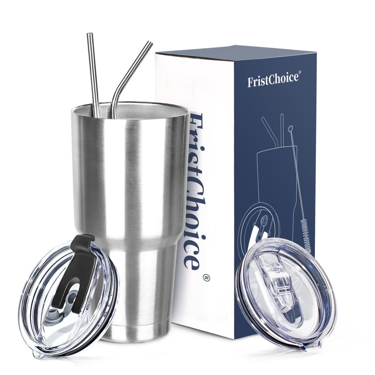 30 oz Tumbler with Lids and Straws Double Wall Insulated Tumbler Cup,Stainless Steel Leak-proof Thermal Coffee Tumbler Powder Coated Travel Mug for Cold and Hot Beverages,Silver