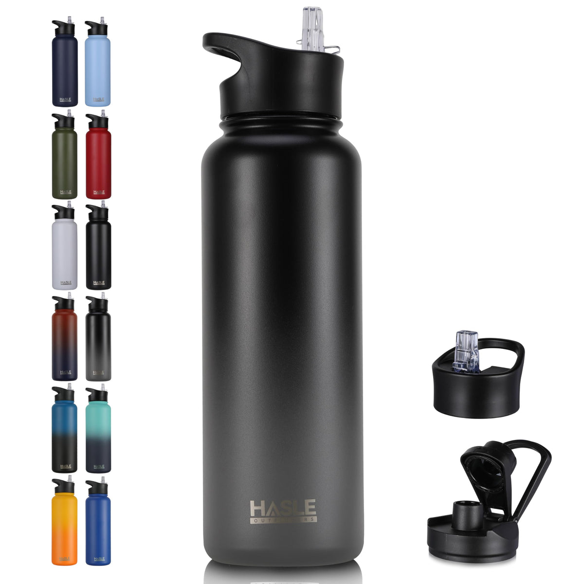 HASLE OUTFITTERS 32 oz Insulated Water Bottle Stainless Steel Double Walled Vacuum Sports Water Bottle with 2 Lids (Straw and Spout Lid) for Gym Camping Hiking(Black,1)