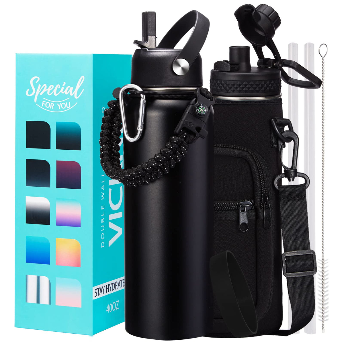 32/40/64OZ Insulated Water Bottle - Keep Cold 48H Hot 24H, Combo Straw/Spout Lids, Paracord Handle for Gym/Hiking, Carrier Bag +Strap, Cup Mat, BPA-Free Stainless Steel Flask Jug