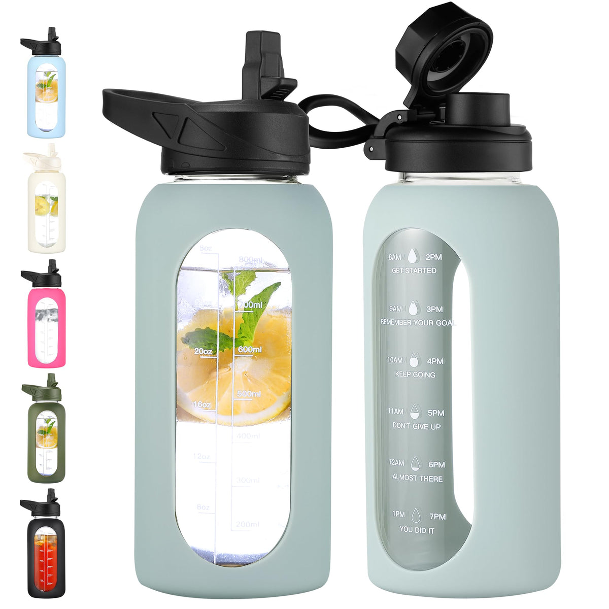 CIVAGO 64 oz Glass Water Bottle with Straw, Half Gallon Large Water Jug