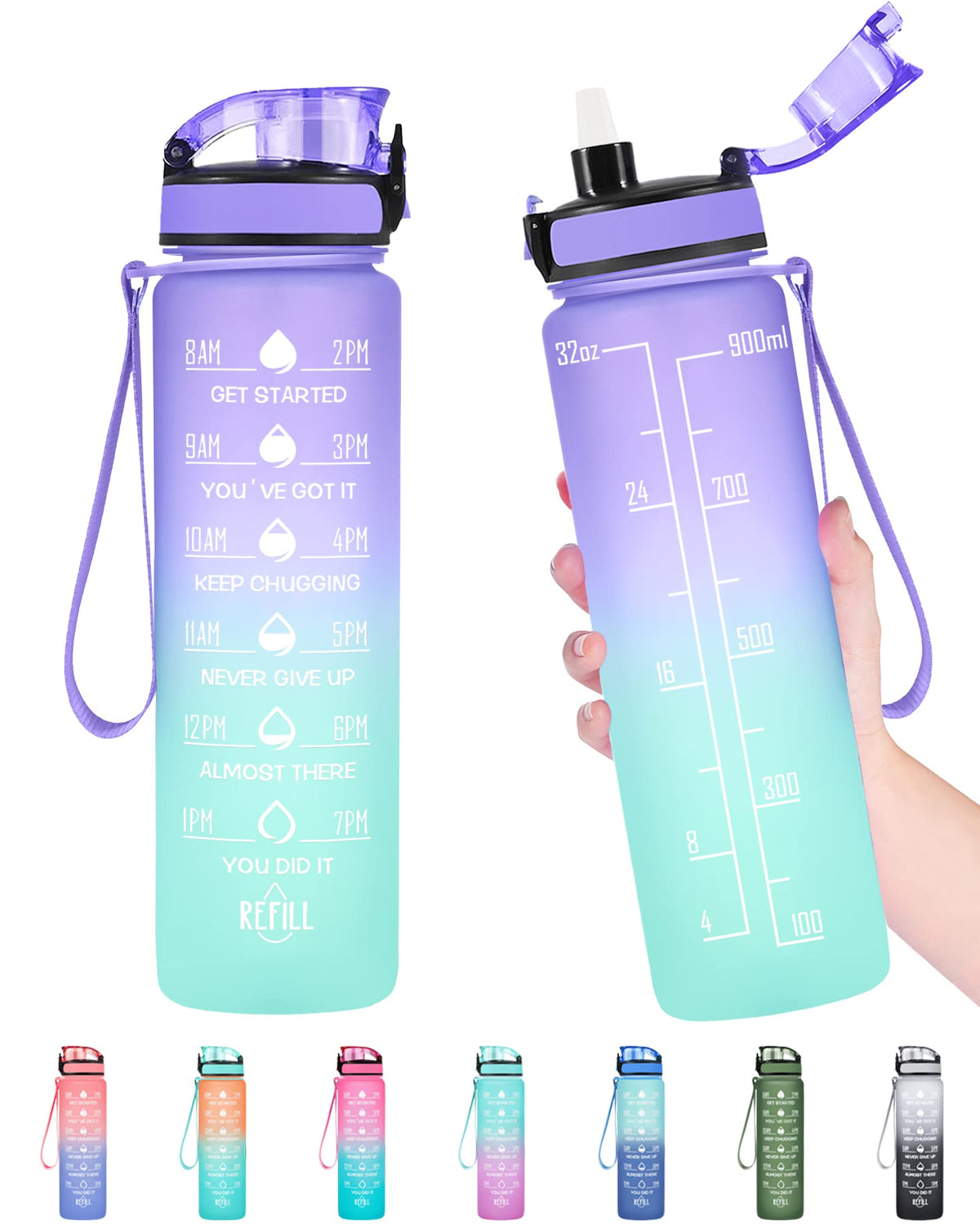 Enerbone Water Bottle, Leakproof BPA & Toxic Free, Motivational Water Bottle with Times to Drink and Straw, Fitness Sports Water Bottle with Strap for Office, Gym, Outdoor Sports
