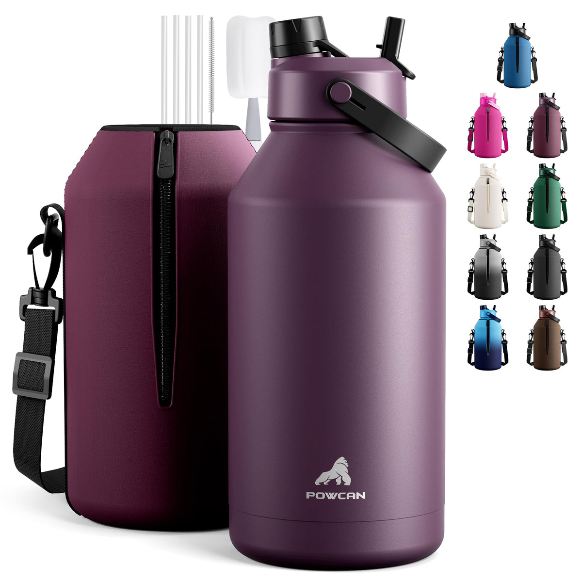 POWCAN 64 oz Insulated Water Bottle for Sports: 2-in-1 Straw & Spout Lid, Leakproof, Carrier Bag, Shoulder Strap, Keep Cold 48H, BPA-Free, Half Gallon Metal Water Jug for Gym, Travel, Gift (Midnight)