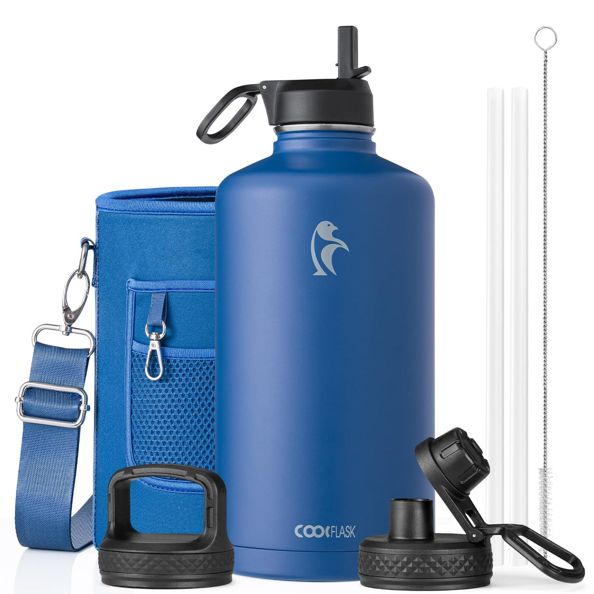 Coolflask Half Gallon Water Bottle Insulated with Straw & 3 Leakproof Lids