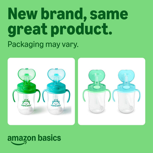 Amazon Basics Spill Proof Dishwasher Safe Silicone Weighted Straw Sippy Cup with Removable Handles, BPA Free, 9 Ounces, Blue/Green, Pack of 2 (Previously Mama Bear)