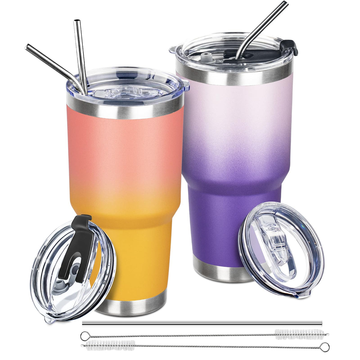 30 oz Tumbler with Lids and Straws Double Wall Insulated Tumbler Cup,Stainless Steel Leak-proof Thermal Coffee Tumbler Powder Coated Travel Mug for Cold and Hot Beverages,Silver
