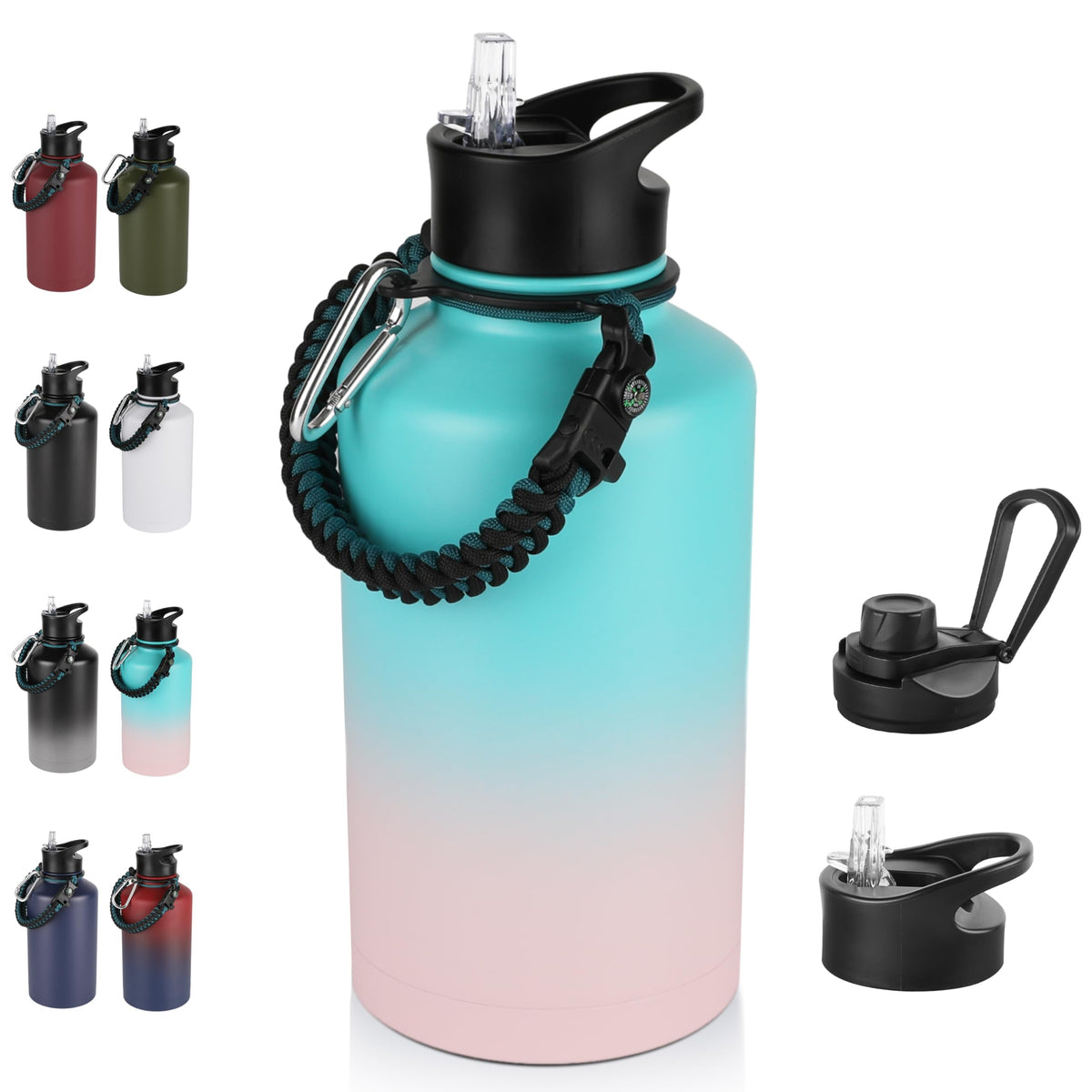 40 oz Insulated Water Bottle with Straw, Stainless Steel Sports Water Bottles with 2 Lids (Straw and Wide Mouth lid), Double Wall Vacuum, Leakproof, BPA-Free, Black