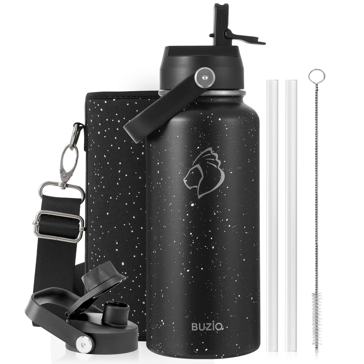 BUZIO 64 oz Insulated Stainless Steel Water Bottle with Dust-proof Lids