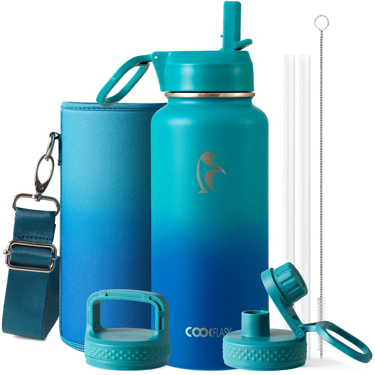 Coolflask Half Gallon Water Bottle Insulated with Straw & 3 Leakproof Lids