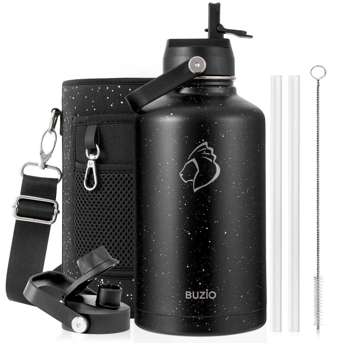 BUZIO 64 oz Insulated Stainless Steel Water Bottle with Dust-proof Lids