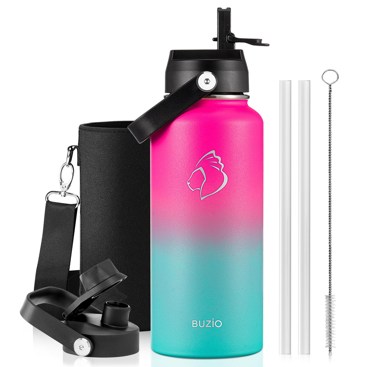 BUZIO 64 oz Insulated Stainless Steel Water Bottle with Dust-proof Lids