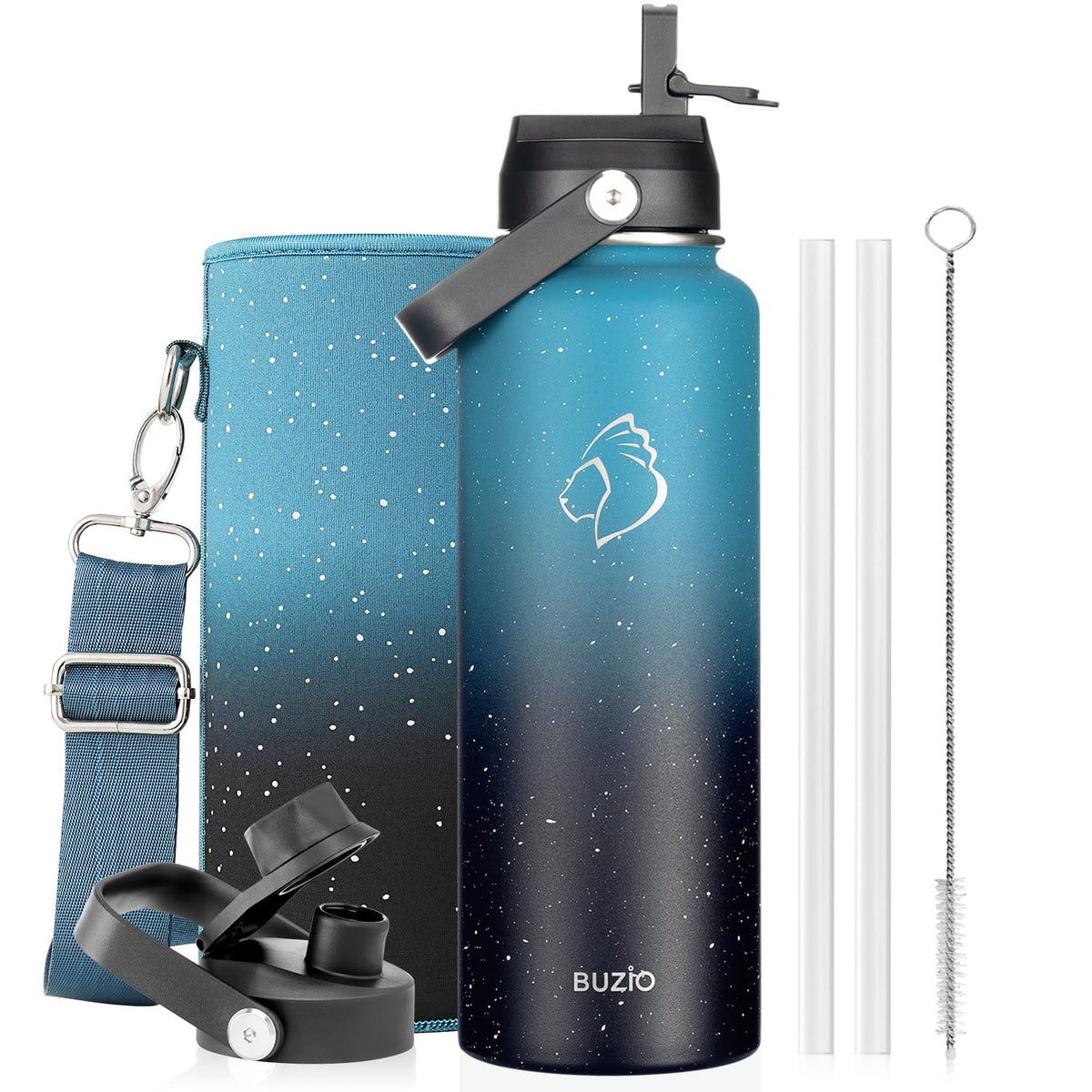 BUZIO 64 oz Insulated Stainless Steel Water Bottle with Dust-proof Lids