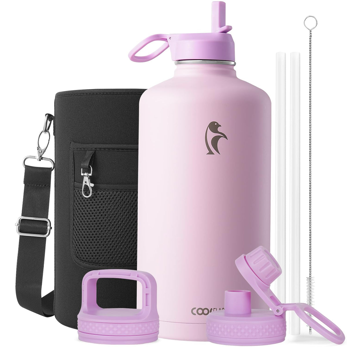 Coolflask 40 oz Water Bottle Insulated with Straw & 3 Leakproof Lids